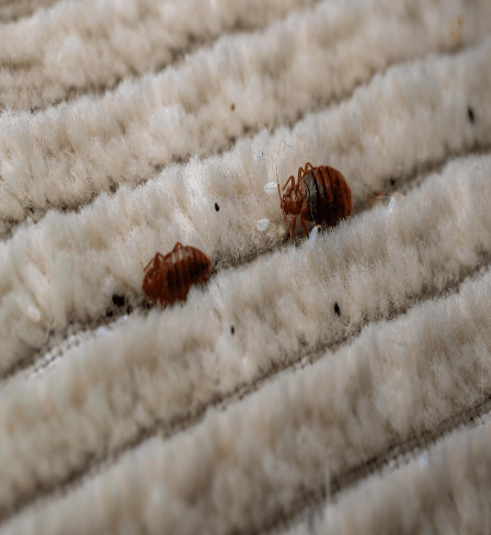 Close-up of bed bugs on fabric surface, illustrating infestation targeted by professional bed bugs pest control services in Singapore.
